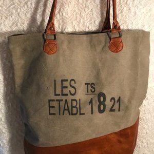 Large Canvas and Leather Trim Tote French Vintage